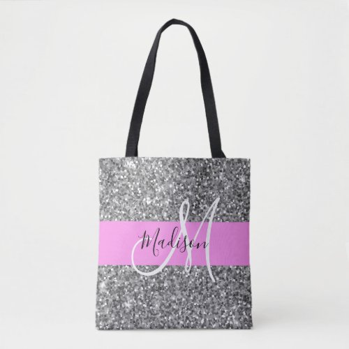 Glam Pink  Silver Glitter Sparkles Monogram Name Tote Bag