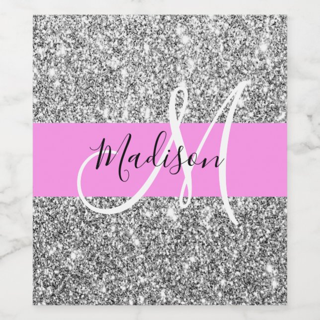 Glam Pink & Silver Glitter Sparkles Monogram Name Wine Label (Single Label)
