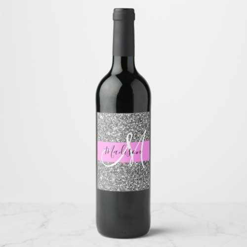 Glam Pink  Silver Glitter Sparkles Monogram Name Wine Label
