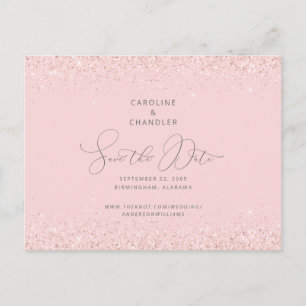 Glam Pink & Silver Glitter Wedding Save the Date Postcard