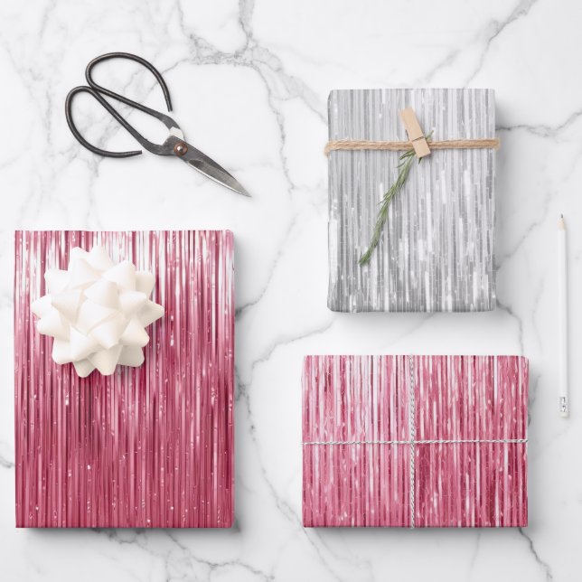 Glam Pink Silver Sparkle Stripes Wrapping Paper Sheets (Front)