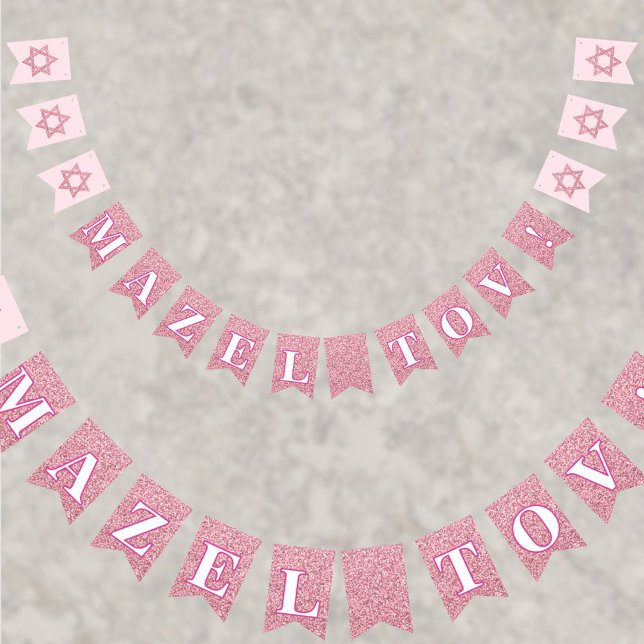 Glam Pink Sparkle Girl Mazel Tov Bat Mitzvah Bunting Flags (This pink faux glitter MAZEL TOV! bunting flag drape is great for your Bat Mitzvah party)