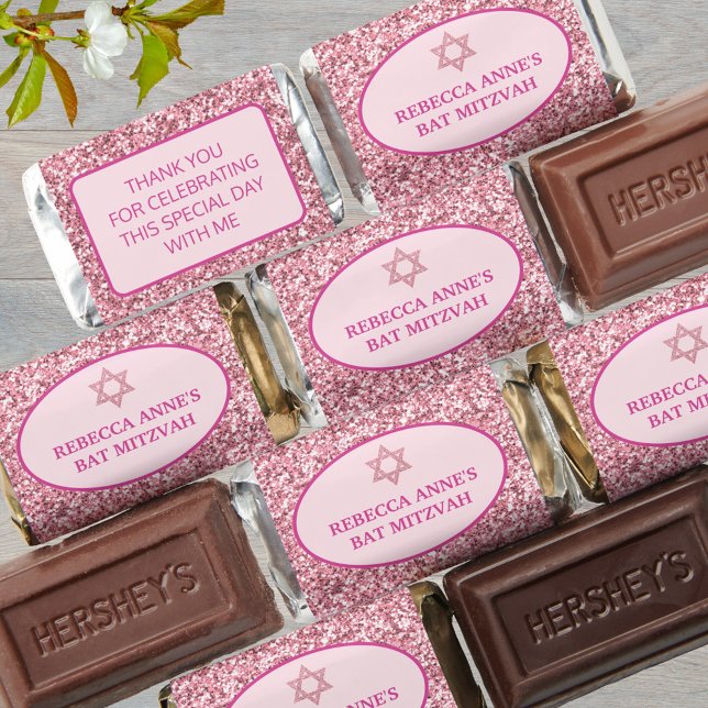 Glam Pink Sweet Treats Bat Mitzvah Party Hershey's Miniatures (These sweet treats are easy to personalize for your Bat Mitzvah party favors)