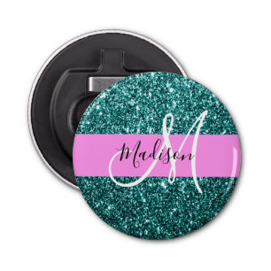 Glam Pink Teal Green Glitter Sparkle Name Monogram Bottle Opener