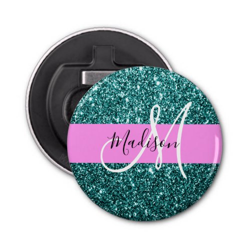 Glam Pink Teal Green Glitter Sparkle Name Monogram Bottle Opener