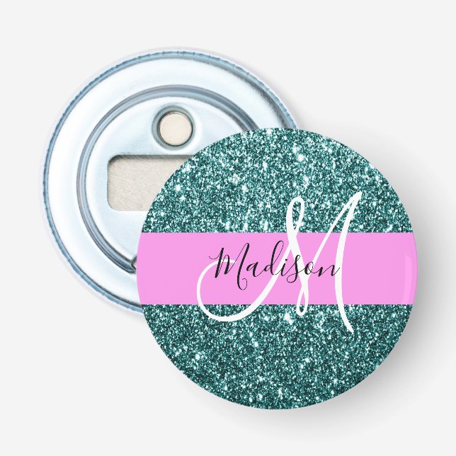 Glam Pink Teal Green Glitter Sparkle Name Monogram Bottle Opener (Front)