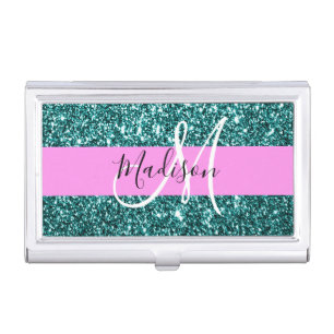 Glam Pink Teal Green Glitter Sparkle Name Monogram Business Card Case
