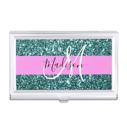 Glam Pink Teal Green Glitter Sparkle Name Monogram Business Card Case