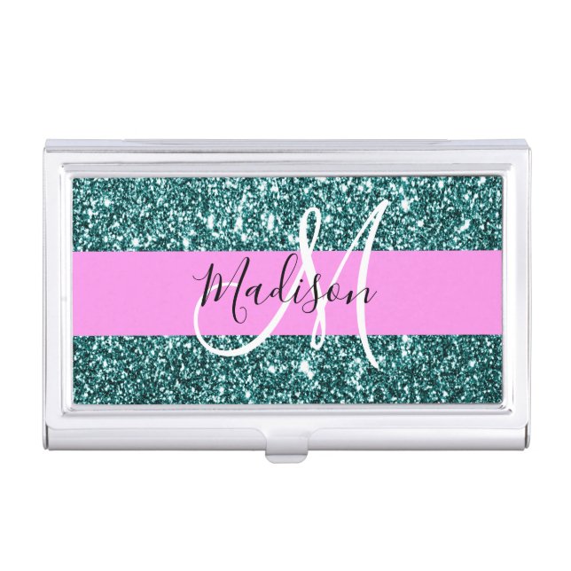 Glam Pink Teal Green Glitter Sparkle Name Monogram Business Card Case (Front)
