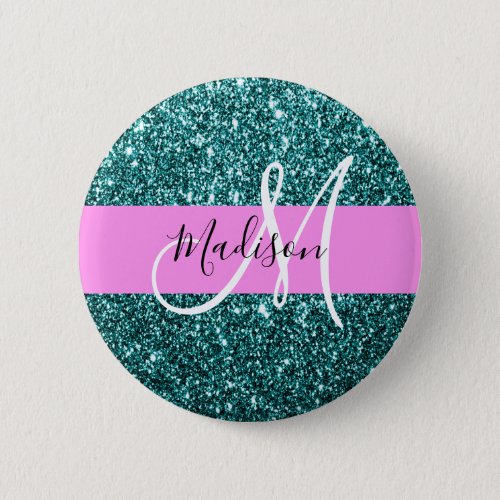 Glam Pink Teal Green Glitter Sparkle Name Monogram Button