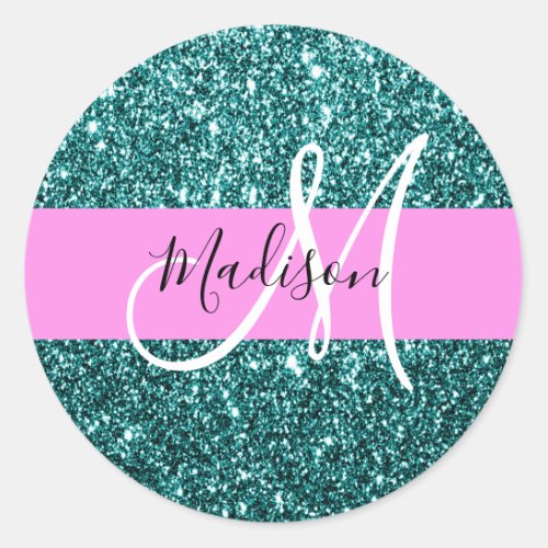 Glam Pink Teal Green Glitter Sparkle Name Monogram Classic Round Sticker