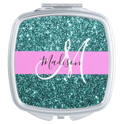 Glam Pink Teal Green Glitter Sparkle Name Monogram Compact Mirror