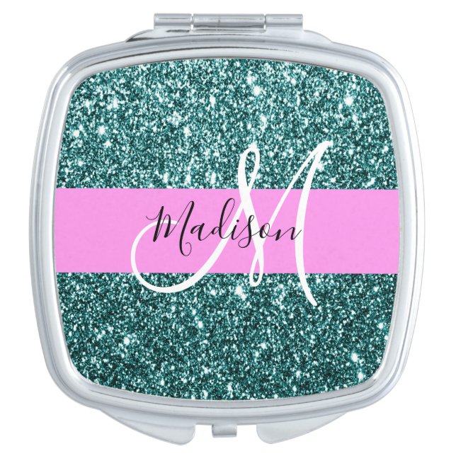 Glam Pink Teal Green Glitter Sparkle Name Monogram Compact Mirror (Front)