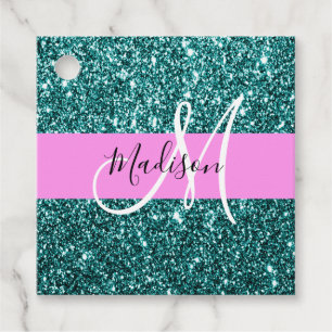 Glam Pink Teal Green Glitter Sparkle Name Monogram Favor Tags