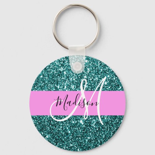 Glam Pink Teal Green Glitter Sparkle Name Monogram Keychain