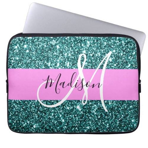 Glam Pink Teal Green Glitter Sparkle Name Monogram Laptop Sleeve