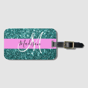 Glam Pink Teal Green Glitter Sparkle Name Monogram Luggage Tag