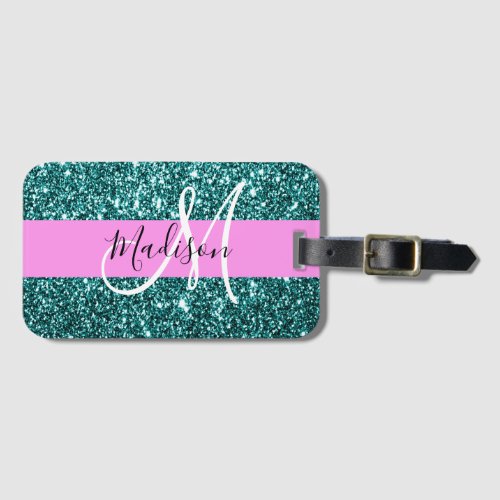 Glam Pink Teal Green Glitter Sparkle Name Monogram Luggage Tag
