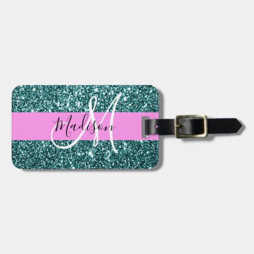 Glam Pink Teal Green Glitter Sparkle Name Monogram Luggage Tag
