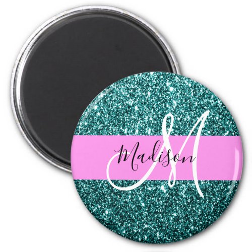 Glam Pink Teal Green Glitter Sparkle Name Monogram Magnet