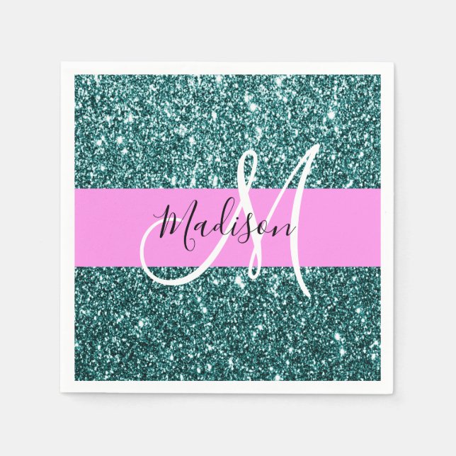 Glam Pink Teal Green Glitter Sparkle Name Monogram Napkins (Front)