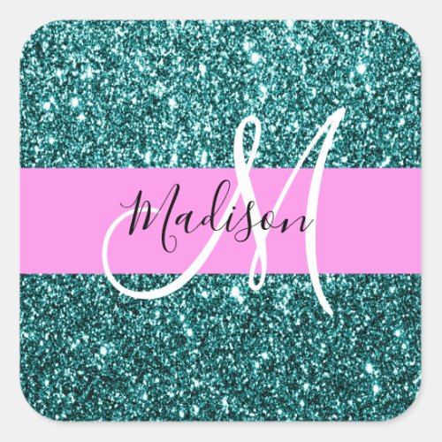 Glam Pink Teal Green Glitter Sparkle Name Monogram Square Sticker