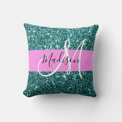 Glam Pink Teal Green Glitter Sparkle Name Monogram Throw Pillow