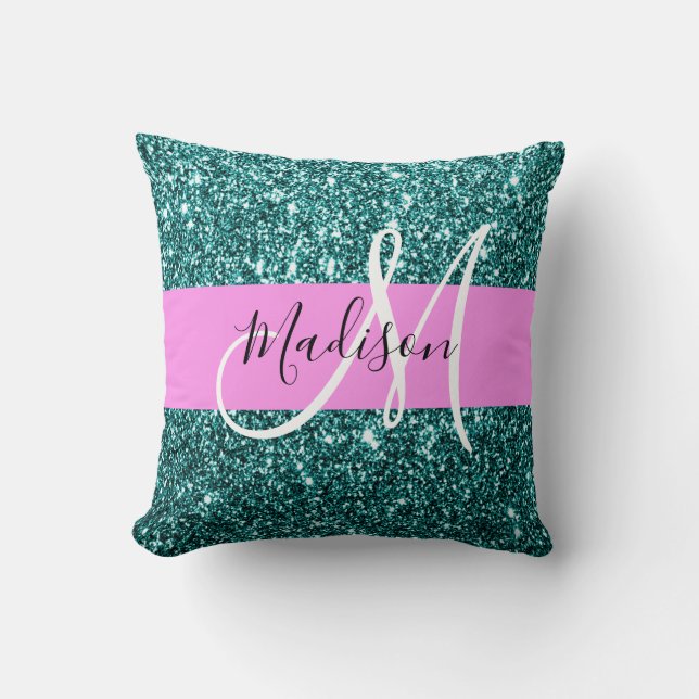 Glam Pink Teal Green Glitter Sparkle Name Monogram Throw Pillow (Front)
