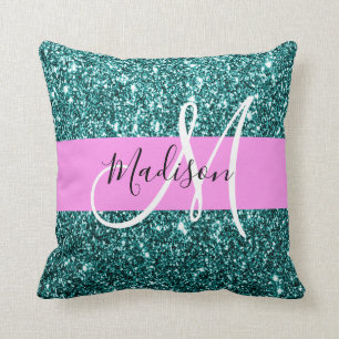 Glam Pink Teal Green Glitter Sparkle Name Monogram Throw Pillow
