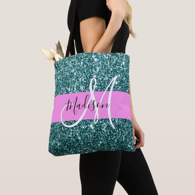 Glam Pink Teal Green Glitter Sparkle Name Monogram Tote Bag (Close Up)