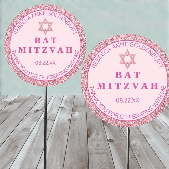 Glam Pink Thank You Chic Bat Mitzvah Party Classic Round Sticker (Easy to personalize pink glam Bat Mitzvah thank you stickers on parade)
