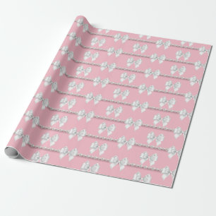 Glam Pink Tiffany Theme White Bow Pearls Wrapping Paper