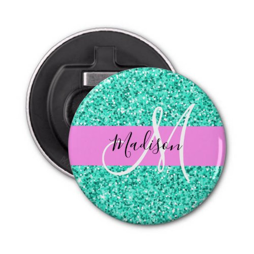 Glam Pink Turquoise Glitter Sparkles Monogram Name Bottle Opener