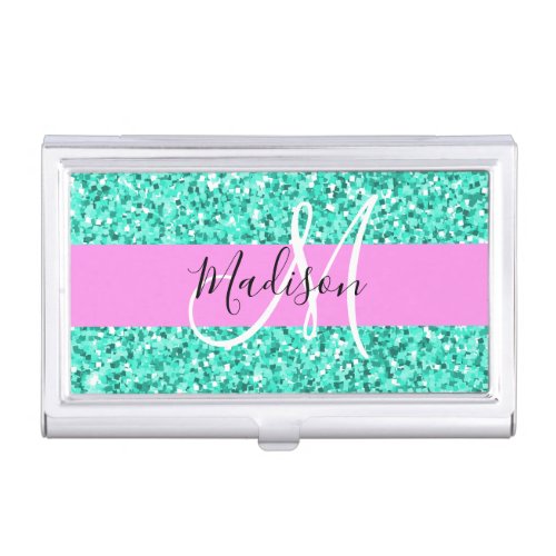 Glam Pink Turquoise Glitter Sparkles Monogram Name Business Card Case
