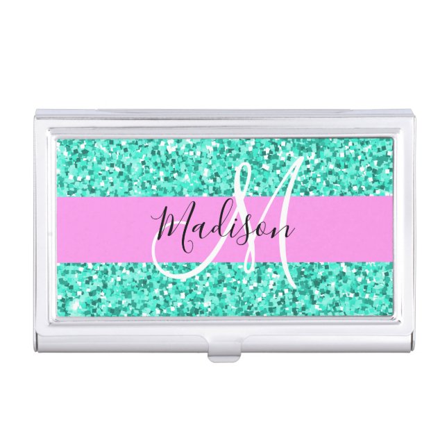 Glam Pink Turquoise Glitter Sparkles Monogram Name Business Card Case (Front)