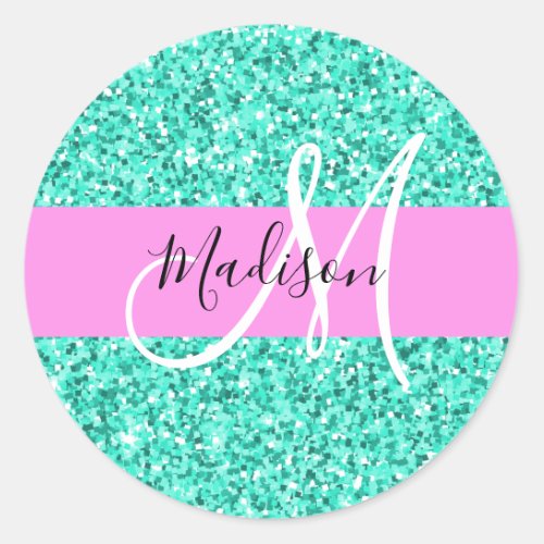 Glam Pink Turquoise Glitter Sparkles Monogram Name Classic Round Sticker