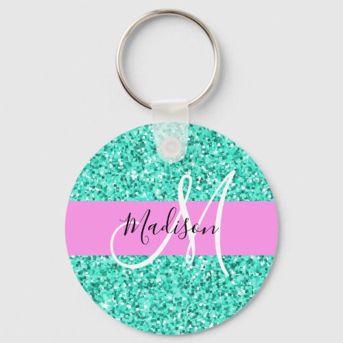 Glam Pink Turquoise Glitter Sparkles Monogram Name Keychain