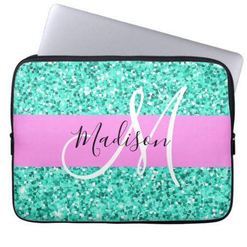 Glam Pink Turquoise Glitter Sparkles Monogram Name Laptop Sleeve