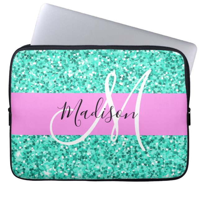 Glam Pink Turquoise Glitter Sparkles Monogram Name Laptop Sleeve (Front)
