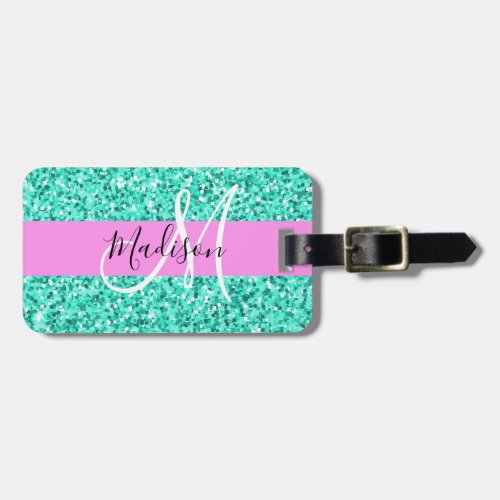 Glam Pink Turquoise Glitter Sparkles Monogram Name Luggage Tag