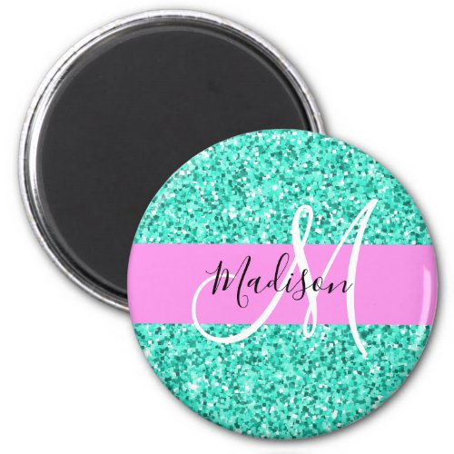 Glam Pink Turquoise Glitter Sparkles Monogram Name Magnet