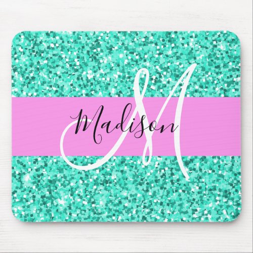 Glam Pink Turquoise Glitter Sparkles Monogram Name Mouse Pad