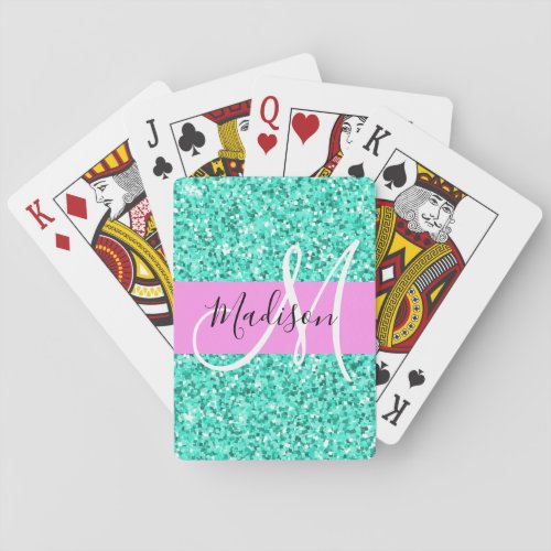Glam Pink Turquoise Glitter Sparkles Monogram Name Playing Cards