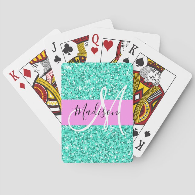 Glam Pink Turquoise Glitter Sparkles Monogram Name Poker Cards (Back)