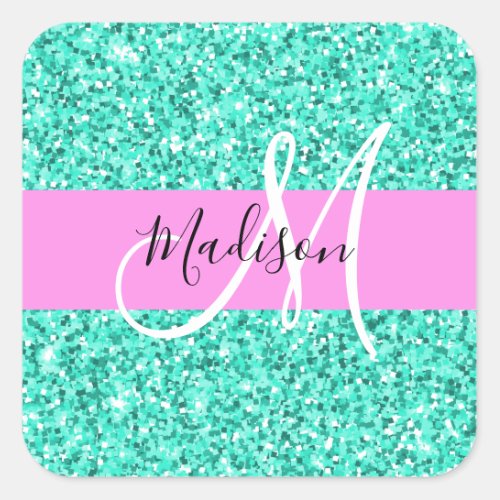 Glam Pink Turquoise Glitter Sparkles Monogram Name Square Sticker