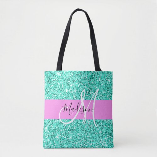 Glam Pink Turquoise Glitter Sparkles Monogram Name Tote Bag
