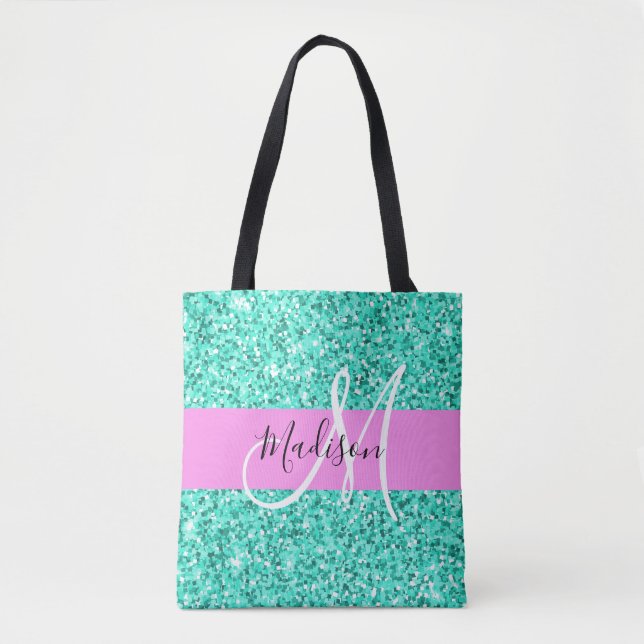 Glam Pink Turquoise Glitter Sparkles Monogram Name Tote Bag (Front)