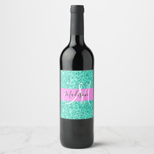 Glam Pink Turquoise Glitter Sparkles Monogram Name Wine Label