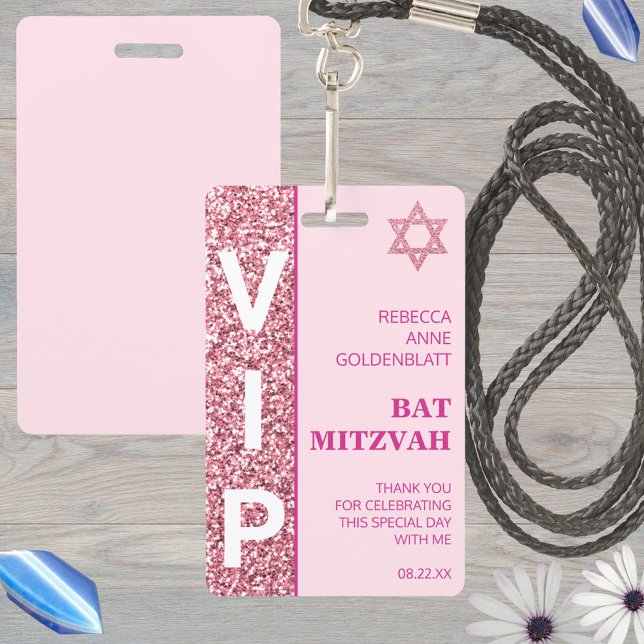 Glam Pink Unique VIP Bat Mitzvah Party Favor Badge (Custom VIP badges make fun Bat Mitzvah party favors and keepsakes from the celebration)
