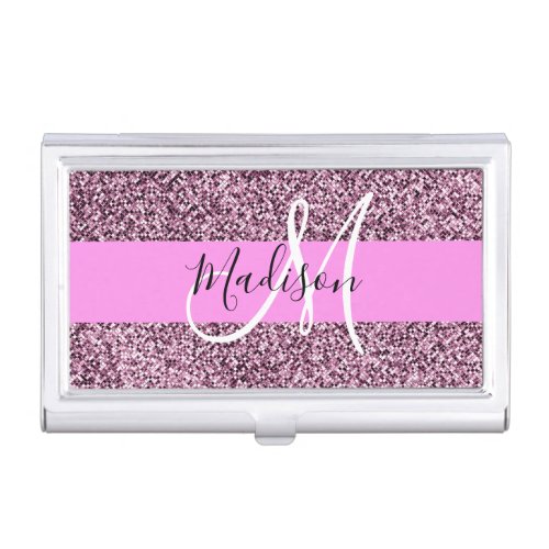 Glam Pink  Violet Glitter Sparkles Monogram Name Business Card Case